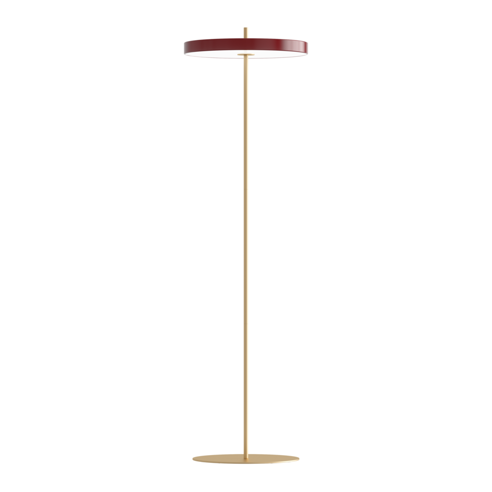Moderne Asteria Stehleuchte in tiefem Ruby Red, perfekt für stilvolle Akzente in jedem Raum und für eine gemütliche Atmosphäre.