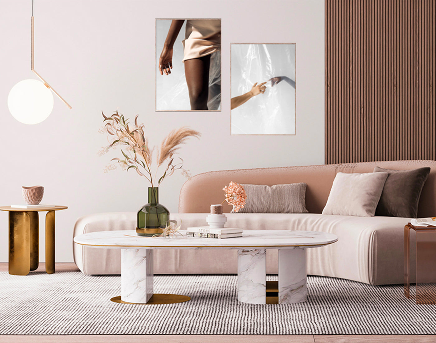 Curved Sofa mit Marmor Coffee Tisch wirkt modern und edel