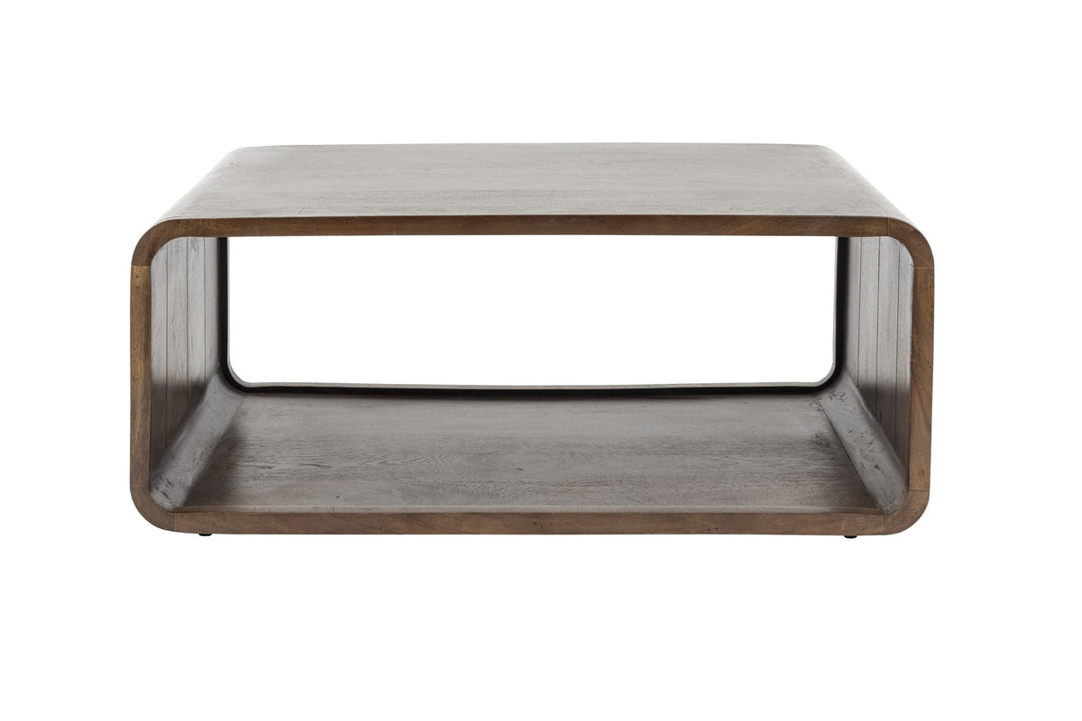 Brauner Couchtisch Tycho von White Label Living mit Eisengestell, epoxidbeschichteter Platte und abgerundeten Ecken, Grösse 90x35x35 cm.