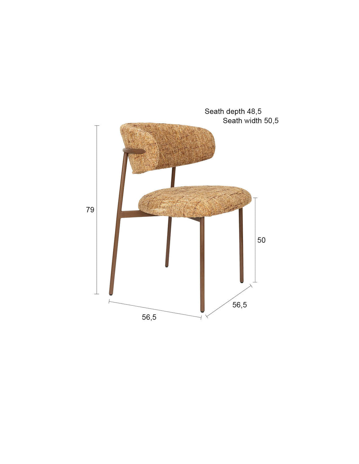 Gepolsterter Essstuhl Claes Ochre mit ockerfarbener Sitzfläche aus Polyester, Rückenlehne gepolstert, Beinhöhe 44 cm, Innenbereich.