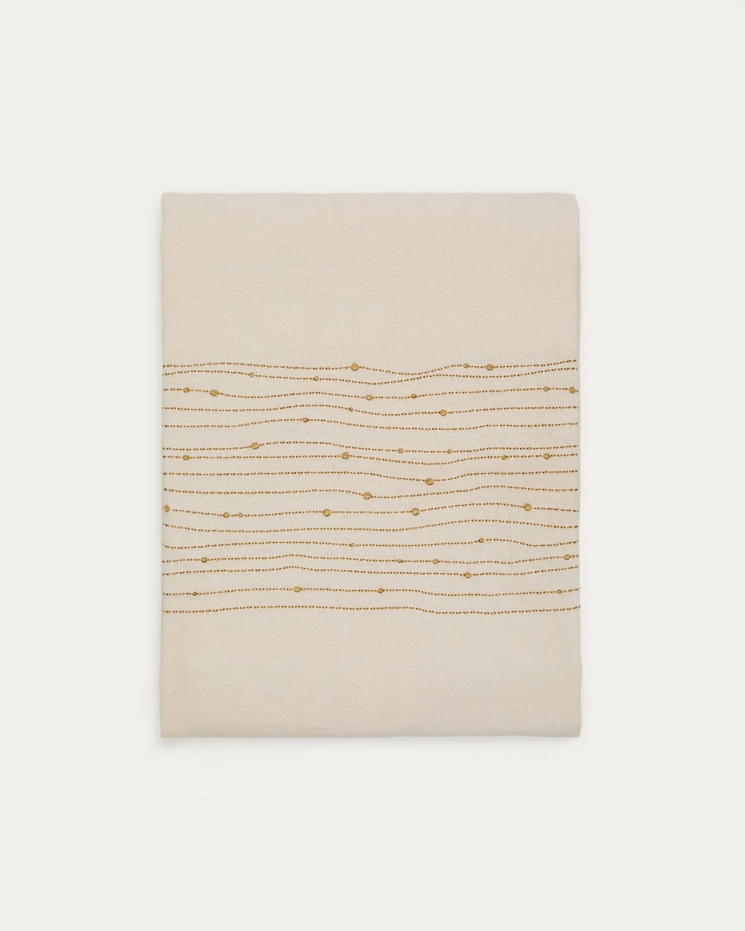 Elegante Tischdecke Flia: Weißes Leinen-Baumwoll-Mix mit goldener Lurex-Stickerei, 150x250 cm, von Kave Home.