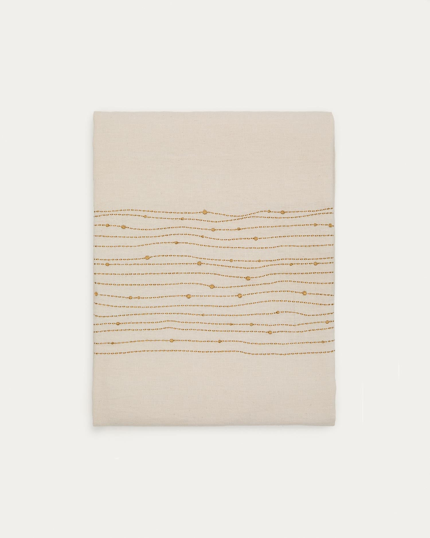 Elegante Tischdecke Flia: Weisses Leinen-Baumwoll-Mix mit goldener Lurex-Stickerei, 150x250 cm, von Kave Home.