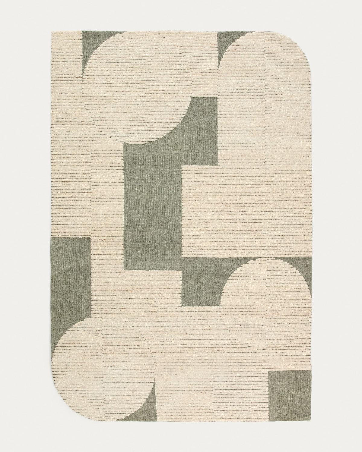 Wollteppich Bralen aus 100% Wolle mit grün-beigem Jacquardmuster, handgewebt, Grösse 200 x 300 cm, flach liegend fotografiert.