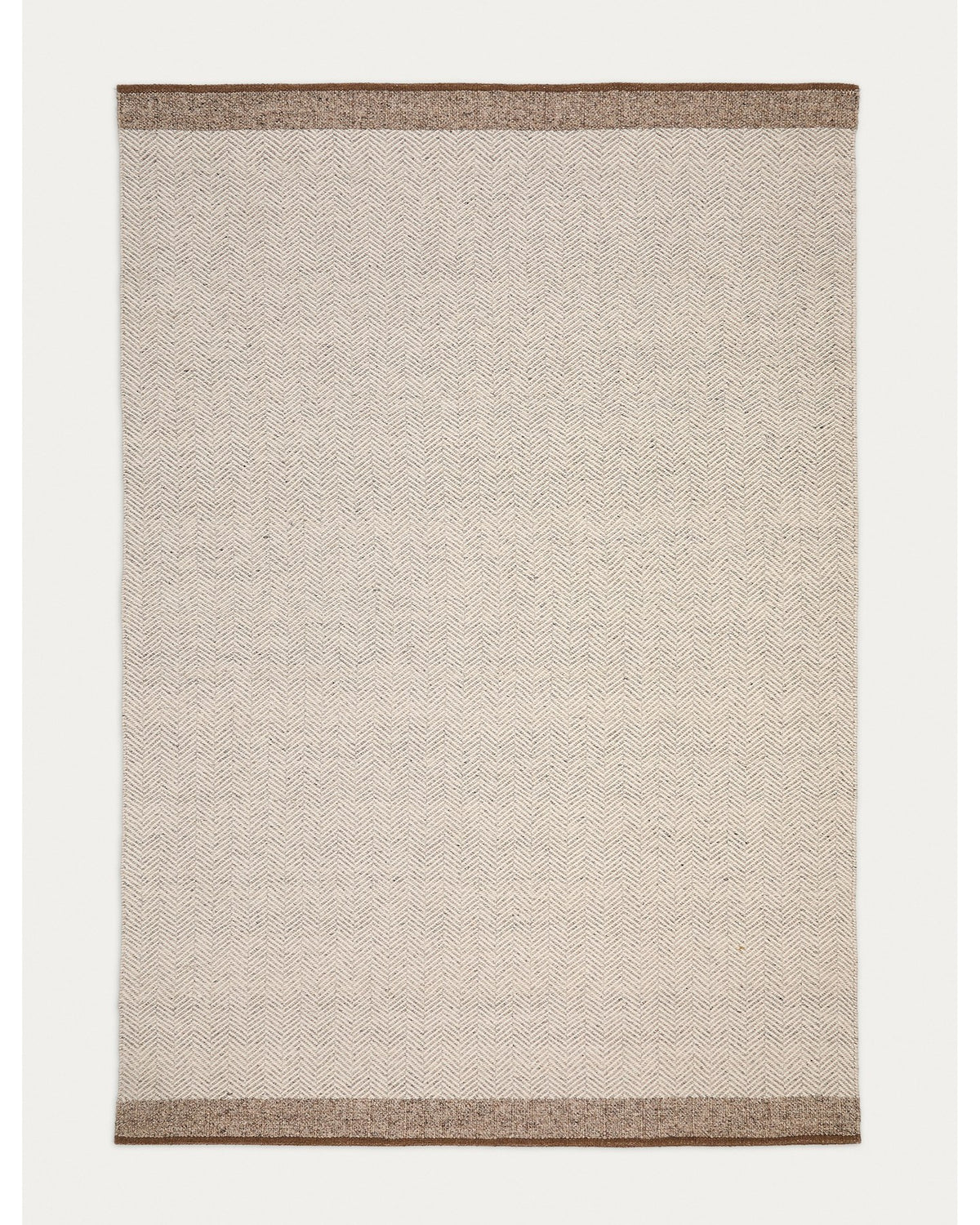 Beige-brauner Jacquard-Teppich aus Wollmischung mit Fischgrätmuster, handgewebt in Handarbeit, Grösse 300 x 400 cm, mit sichtbarer Naturfaserstruktur.