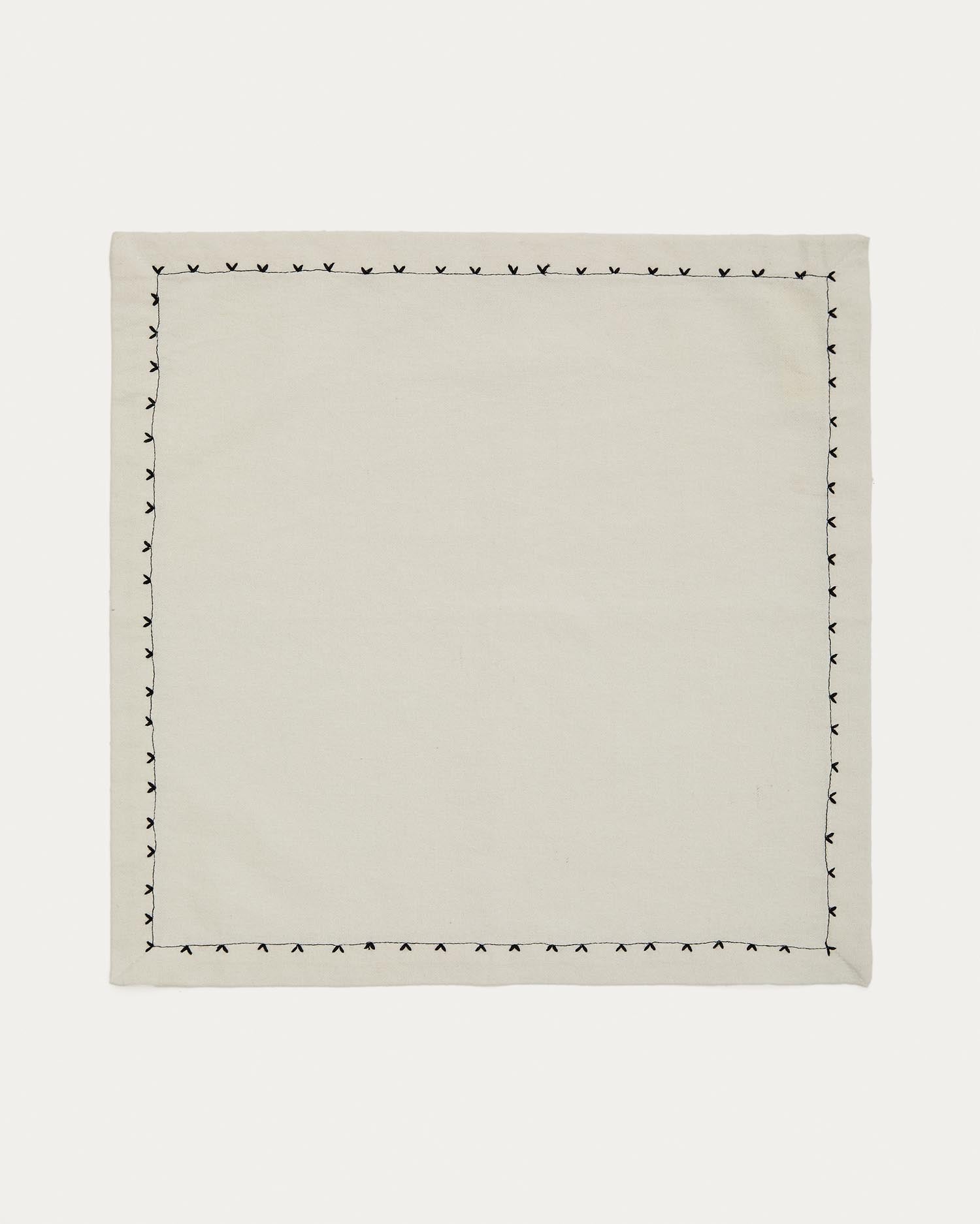 Set aus 2 beigen Baumwollservietten mit schwarzer Stickerei, ideal für stilvolle Tischdekoration und hochwertige Essenspräsentation.