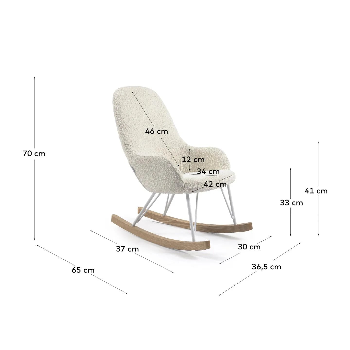 Der Joey Kinder-Schaukelstuhl von Kave Home kombiniert stilvolles Design mit weichem, weißem Bouclé-Stoff für maximalen Komfort.