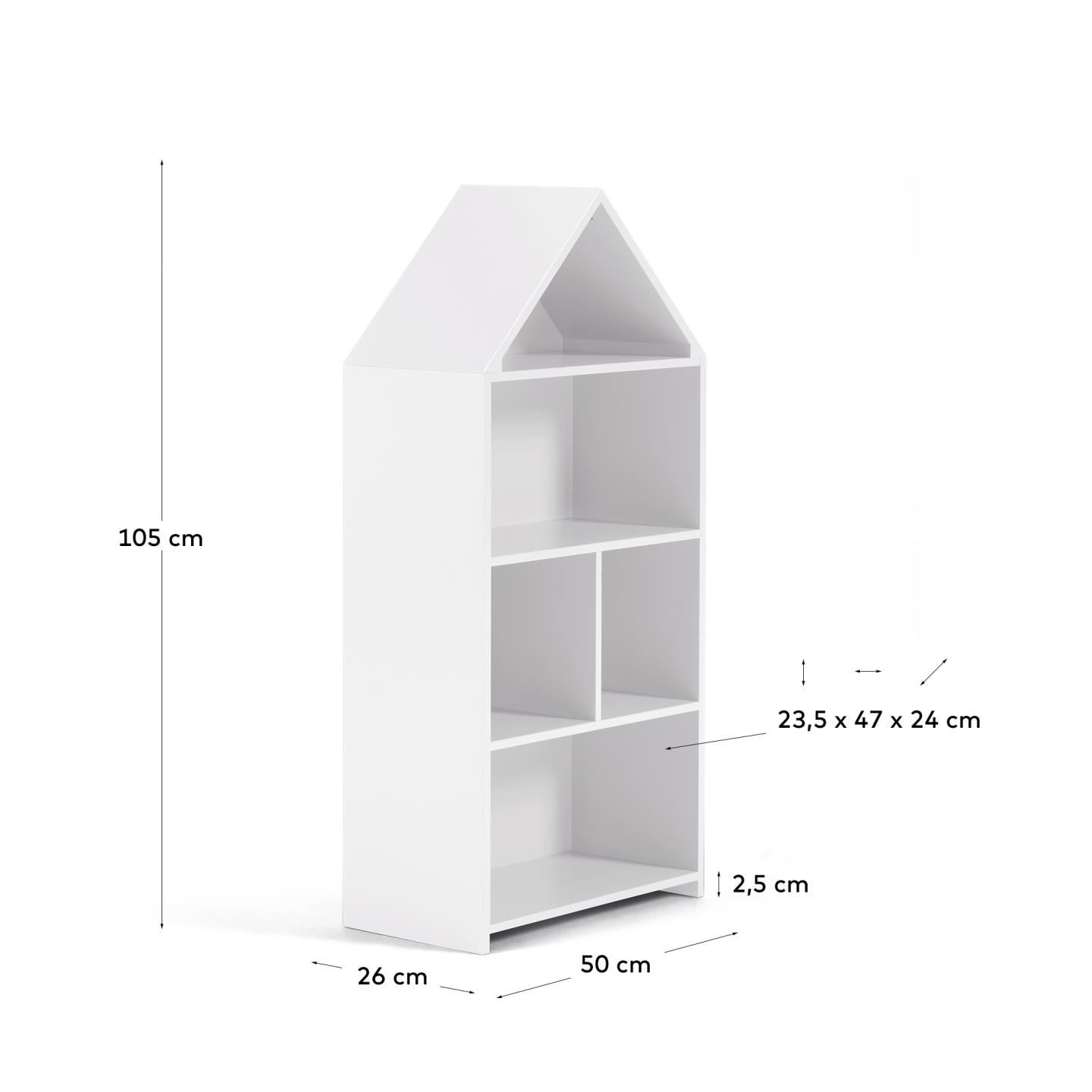 Das Celeste Kinderhaus Regal in Weiß von Kave Home vereint Stil und Funktionalität. Perfekt für die Aufbewahrung von Spielzeug und Büchern im Kinderzimmer.