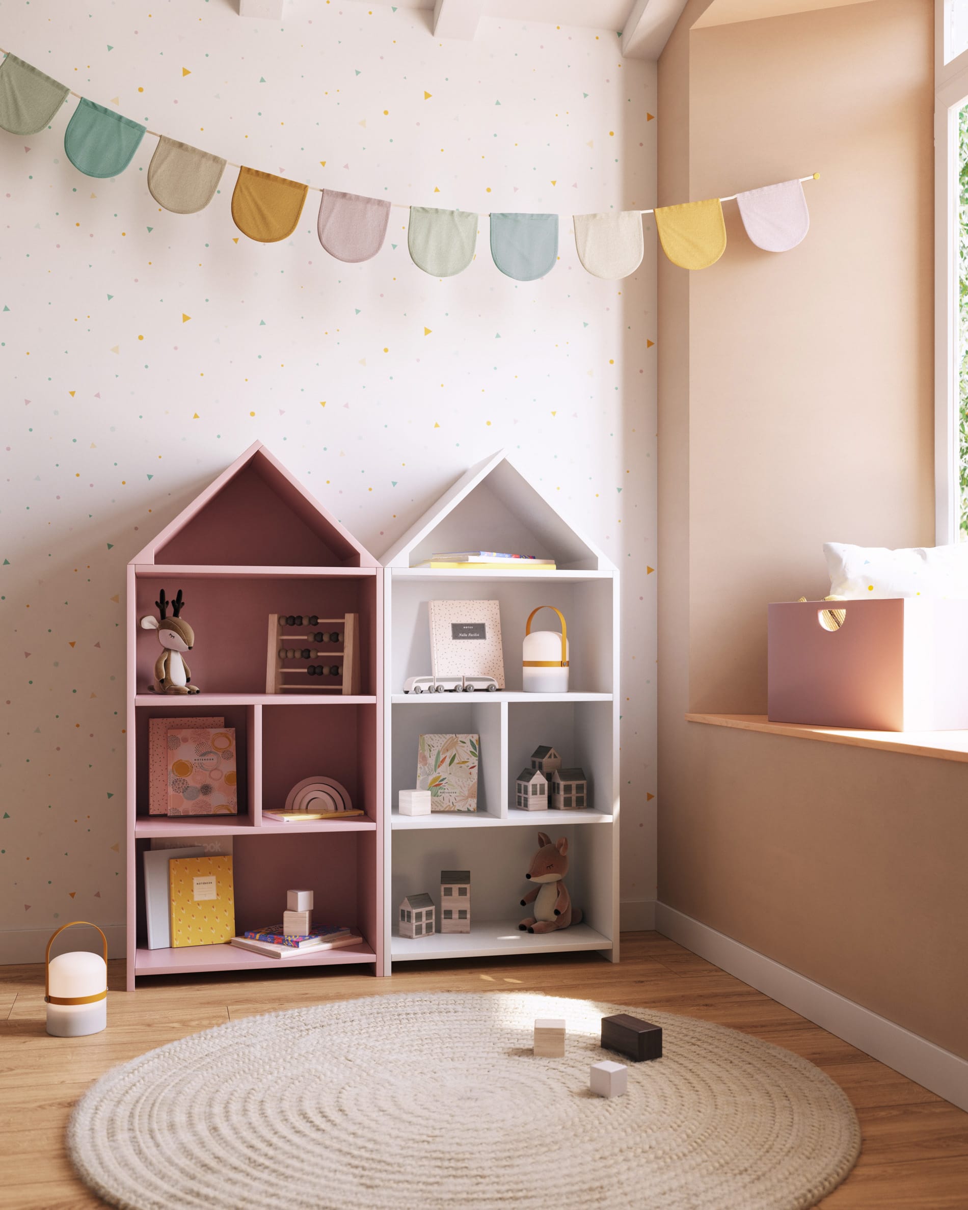 Das Celeste Kinderhaus Regal von Kave Home, 50x105 cm, aus weissem MDF, ist ideal für stilvolle und funktionale Kinderzimmer-Aufbewahrung.