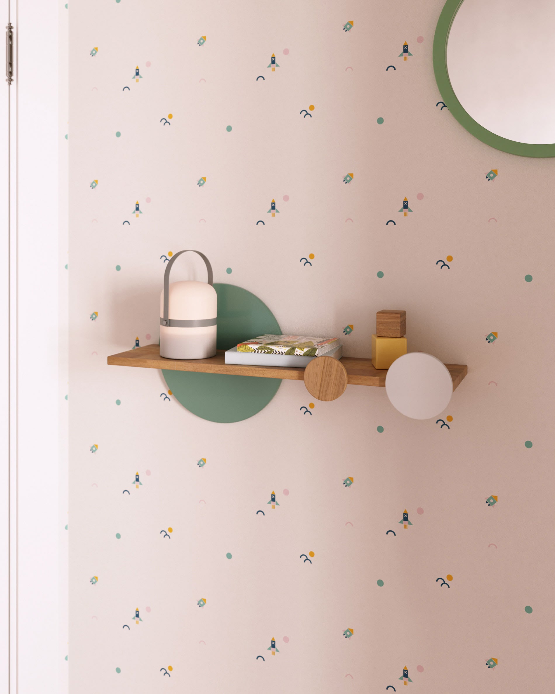 Diti shelf made of solid pine, natural, with <tc>wEIS</tc> and turquoise MDF, 60 x 26 cm