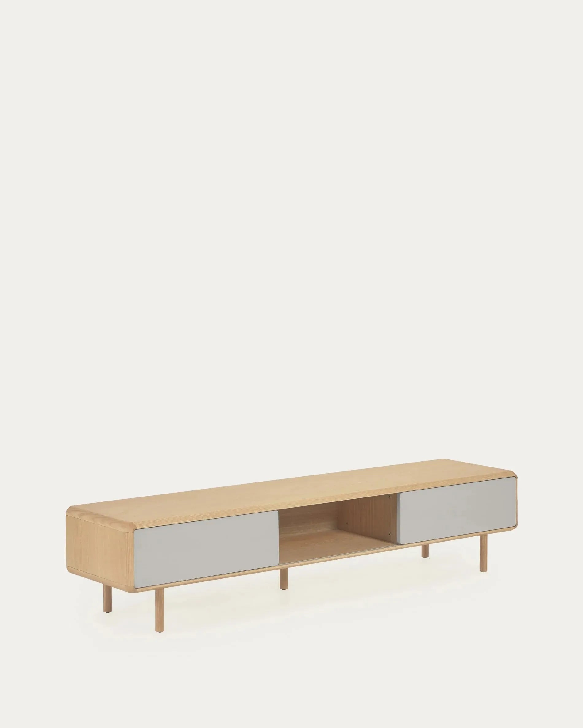 Eleganter TV-Schrank aus massiver Esche, weißgraues Finish, 2 Türen, 180x41 cm, stilvoller Stauraum für Ihr Zuhause.