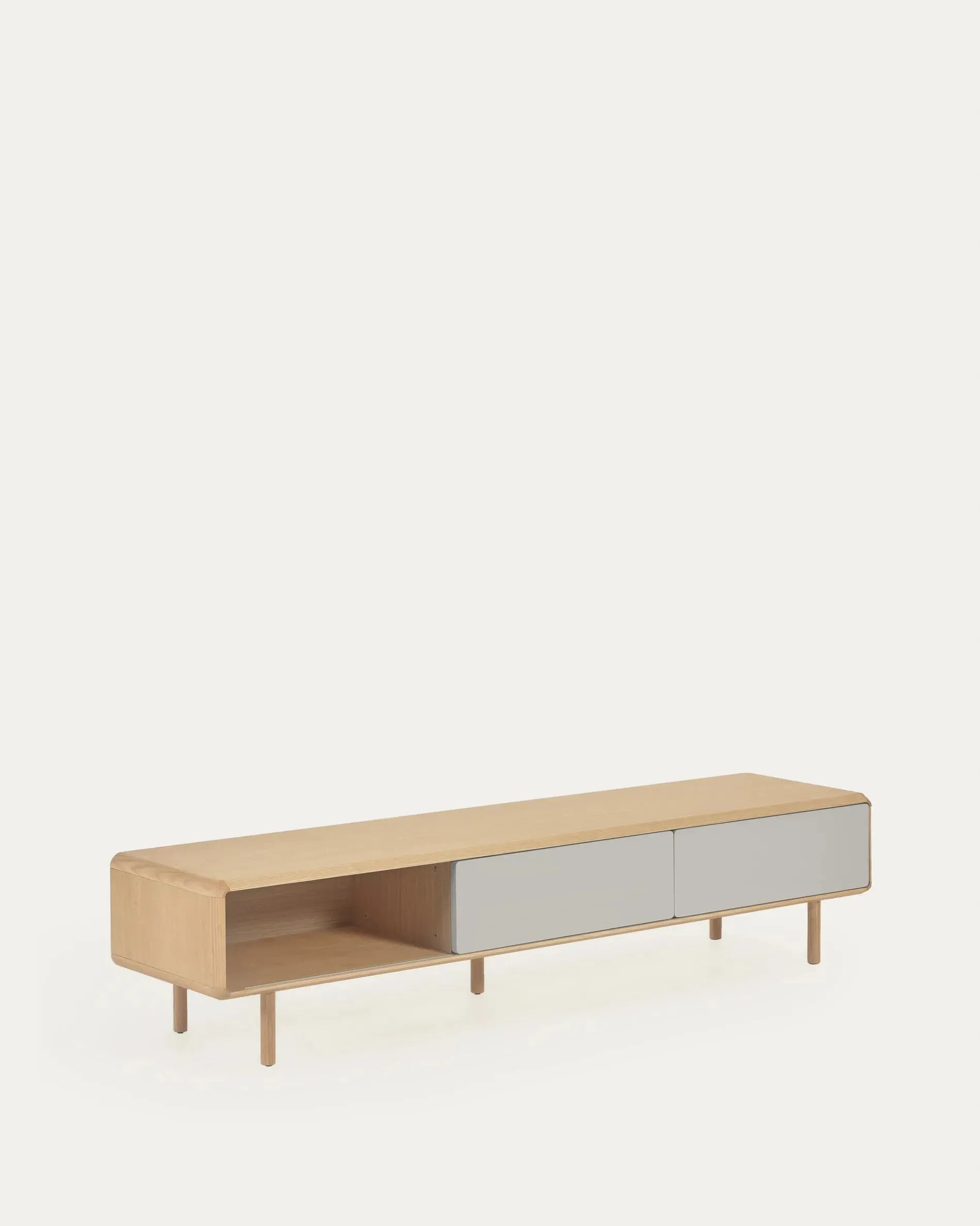 Eleganter TV-Schrank aus massiver Esche mit weißgrauem Finish, bietet stilvollen Stauraum für Ihr Zuhause.