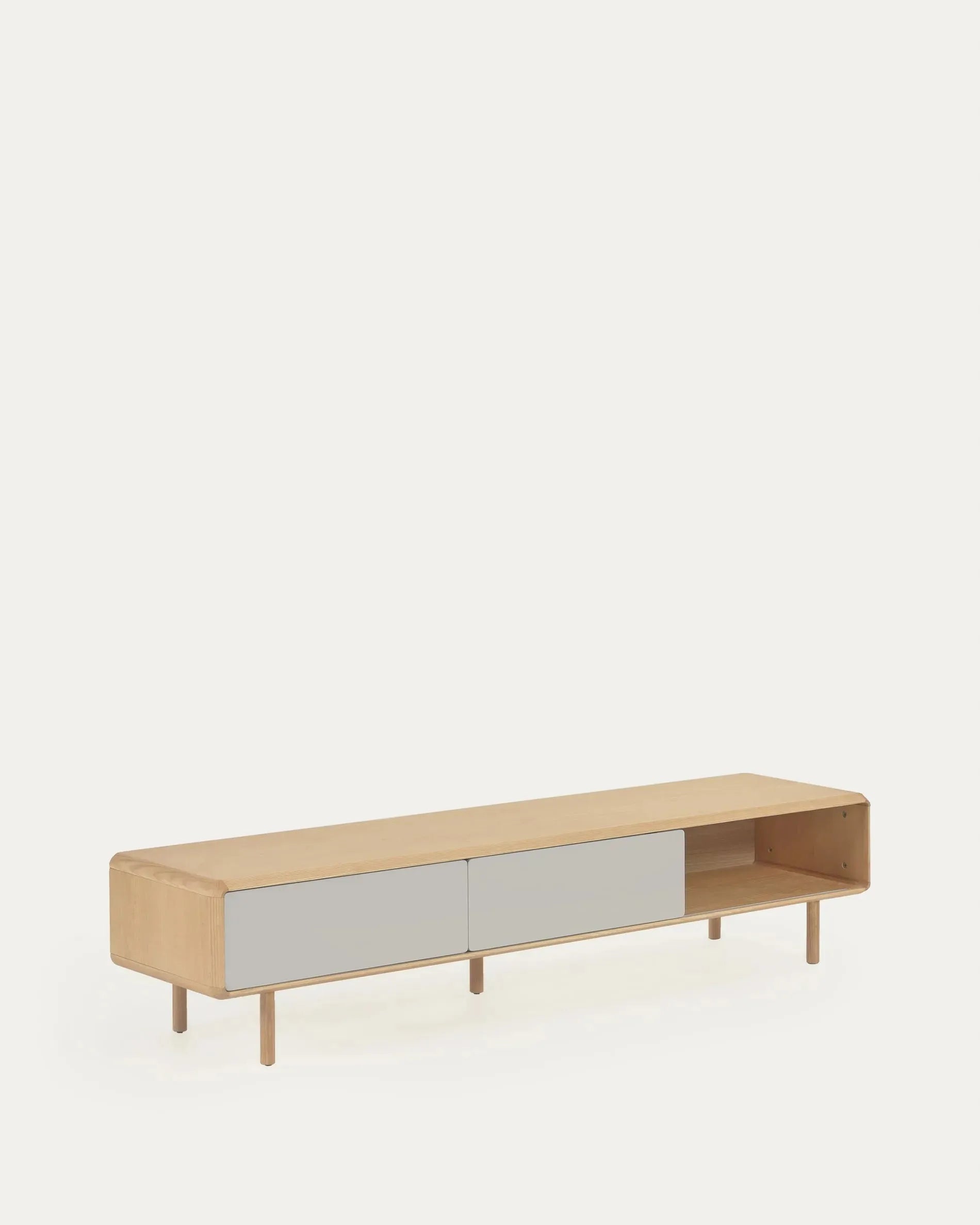 Eleganter TV-Schrank aus massiver Esche mit weißgrauem Finish, bietet stilvollen Stauraum für Ihr Zuhause.