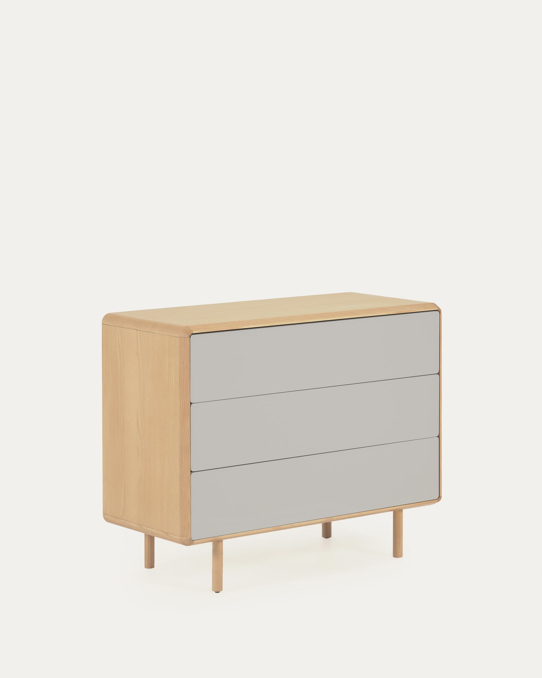 3D-Modell der Anielle Kommode: 3 Schubladen, massive Esche, weißgrau, 99x78,5 cm, elegant und funktional, von Kave Home.