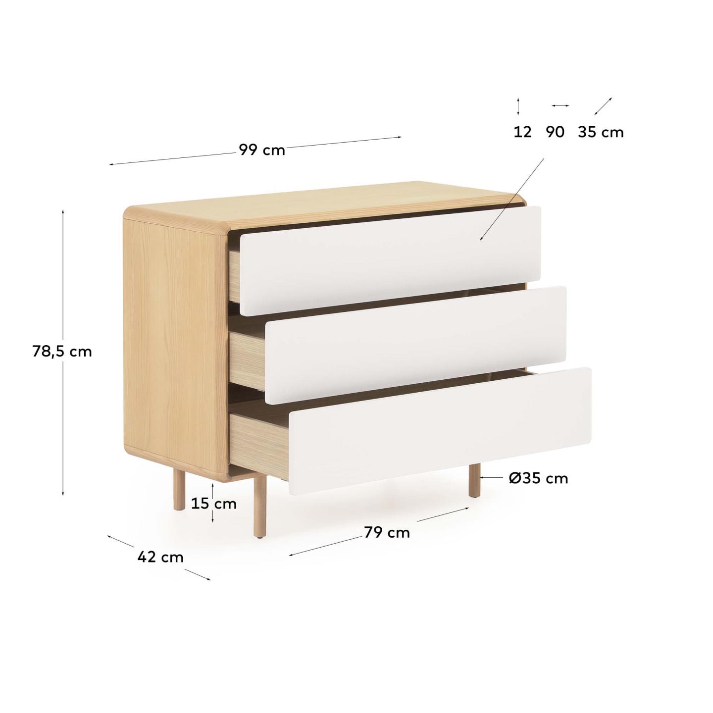 Die Anielle Kommode aus Eschenholz und Furnier bietet mit 3 Schubladen stilvolle Aufbewahrung und modernes Design für Ihr Zuhause.