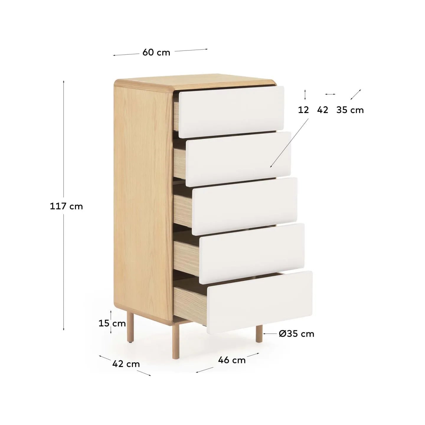 Die Anielle Kommode: Eleganz und Funktionalität in Esche, 5 Schubladen, 60x117 cm, ideal für jeden Raum.