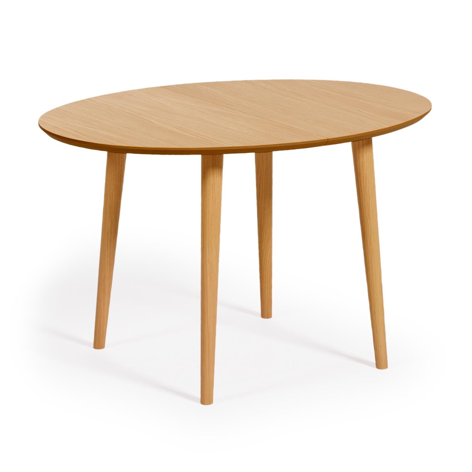 3D-Modell eines eleganten, ovalen Ausziehtischs aus Eichenfurnier mit Massivholzbeinen, Ø120-200cm.