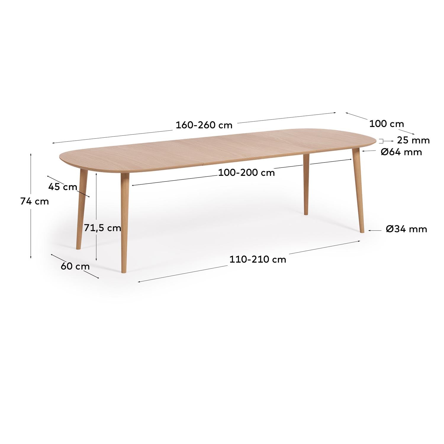 Oqui Ausziehtisch: Flexibler MDF-Tisch mit Eichenfurnier, 160-260cm.