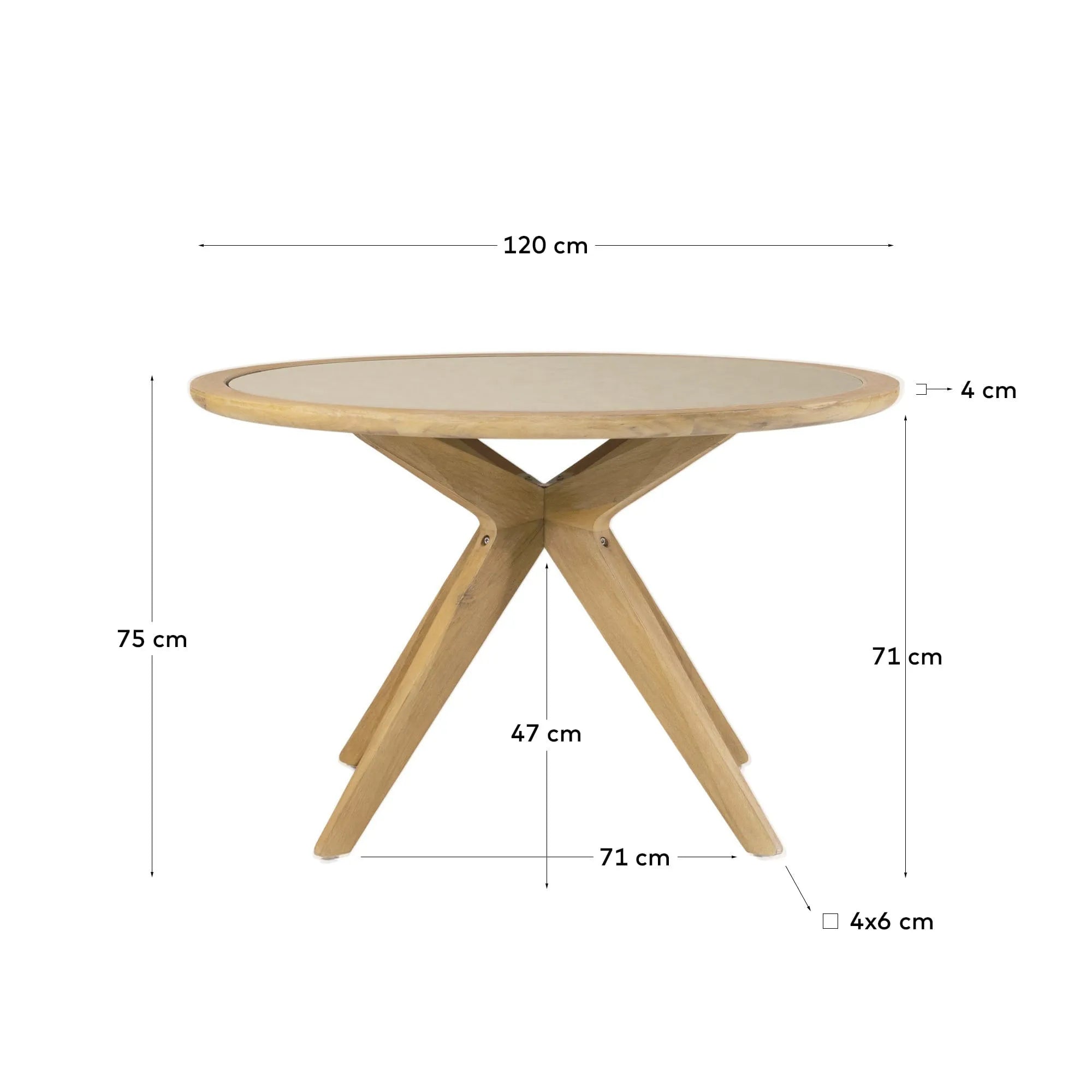 Eleganter runder Tisch aus beigem Polyzement und Akazienholz, ideal für stilvolle Outdoor-Momente.