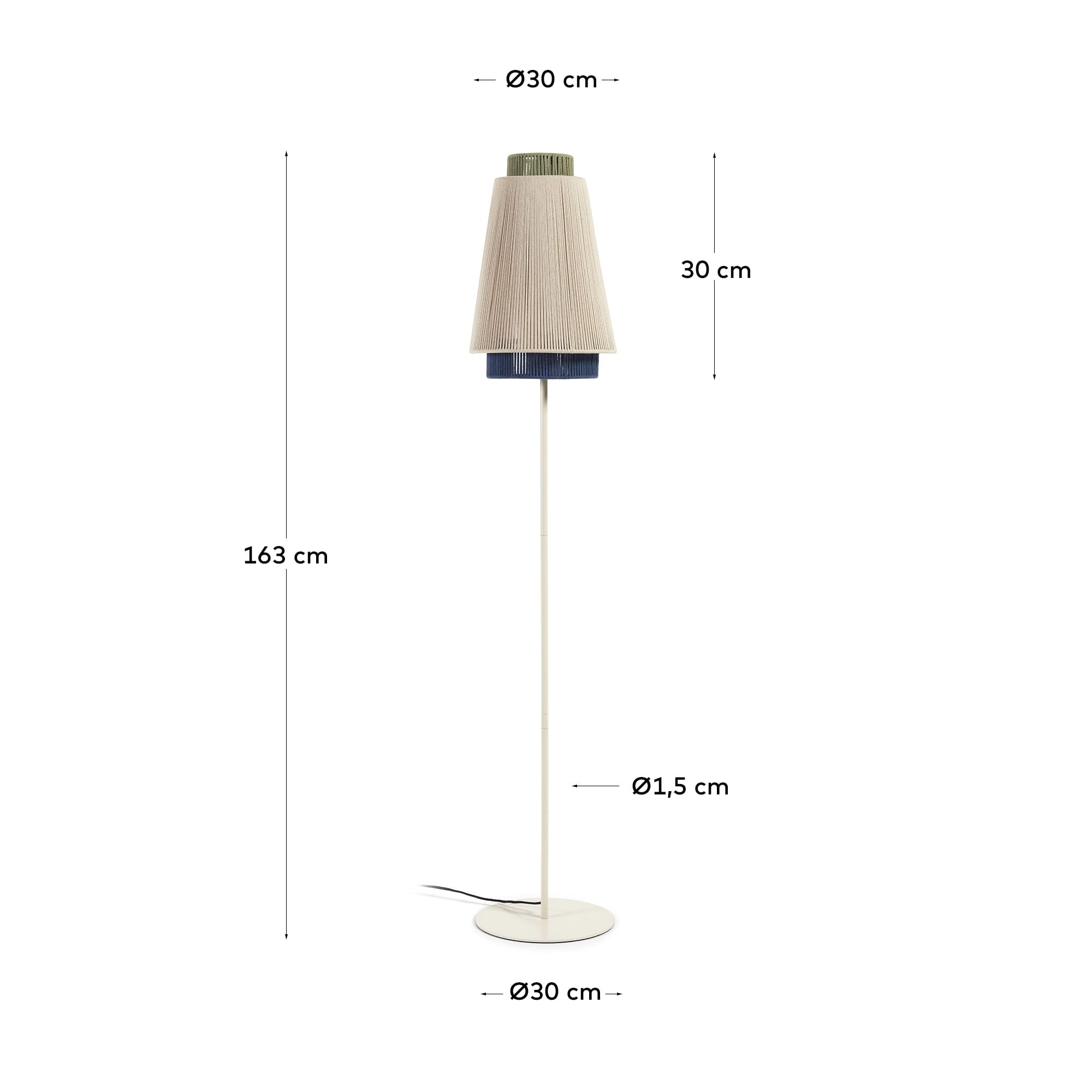 Die Yuvia Stehlampe von Kave Home besticht durch ihr modernes Design aus Baumwolle in Beige und Blau, ideal für stilvolle Räume.