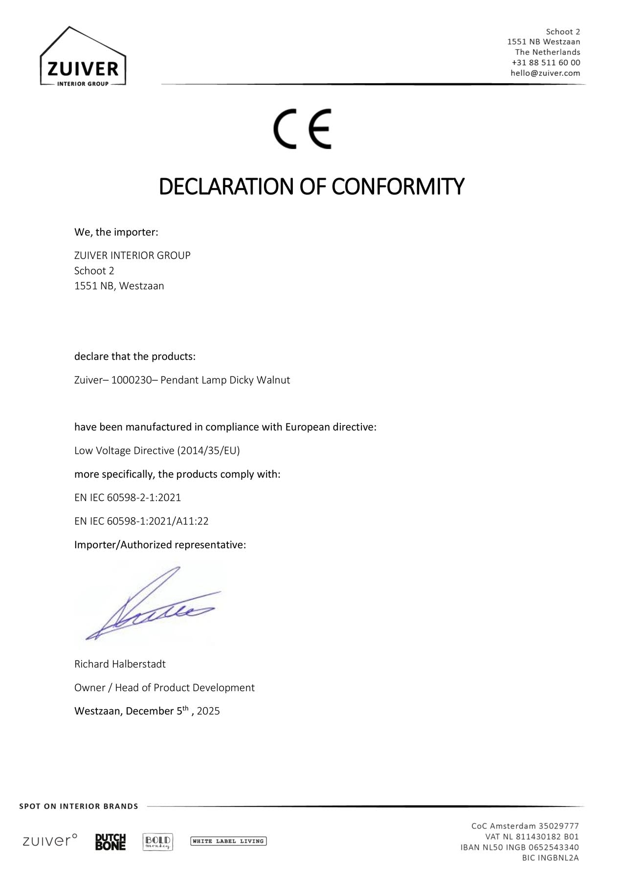 Pendellampe Dicky in Walnuss präsentiert im Onlineshop von KAQTU Design AG. Pendelleuchte ist von Zuiver