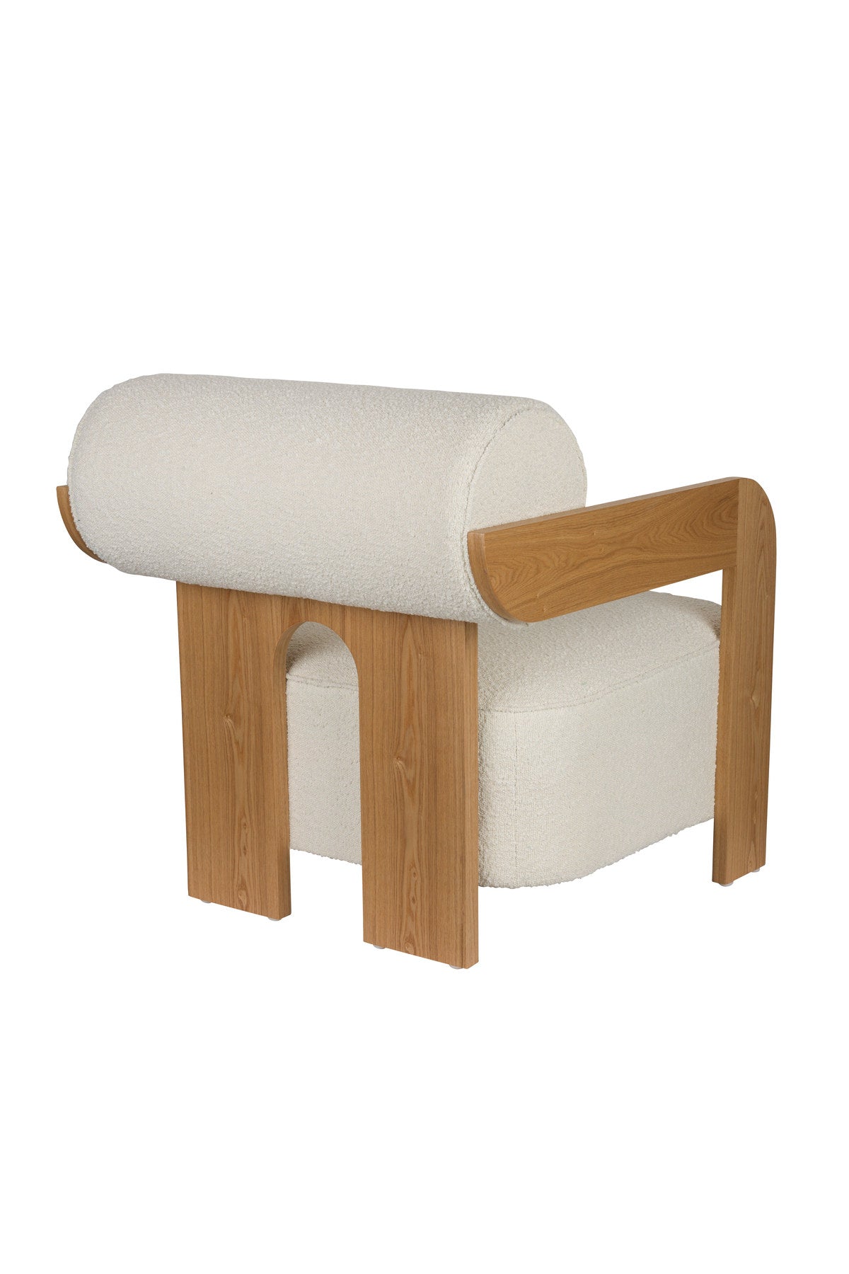 Sessel Oolong mit Bouclé-Bezug und abgerundetem Holzrahmen, Sitz und Rücken in Beige