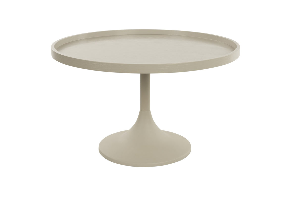 Beistelltisch Jason von Zuiver in Beige, rundes Tischgestell aus pulverbeschichtetem Metall mit Eichenfurnier-Platte, matte Oberfläche.