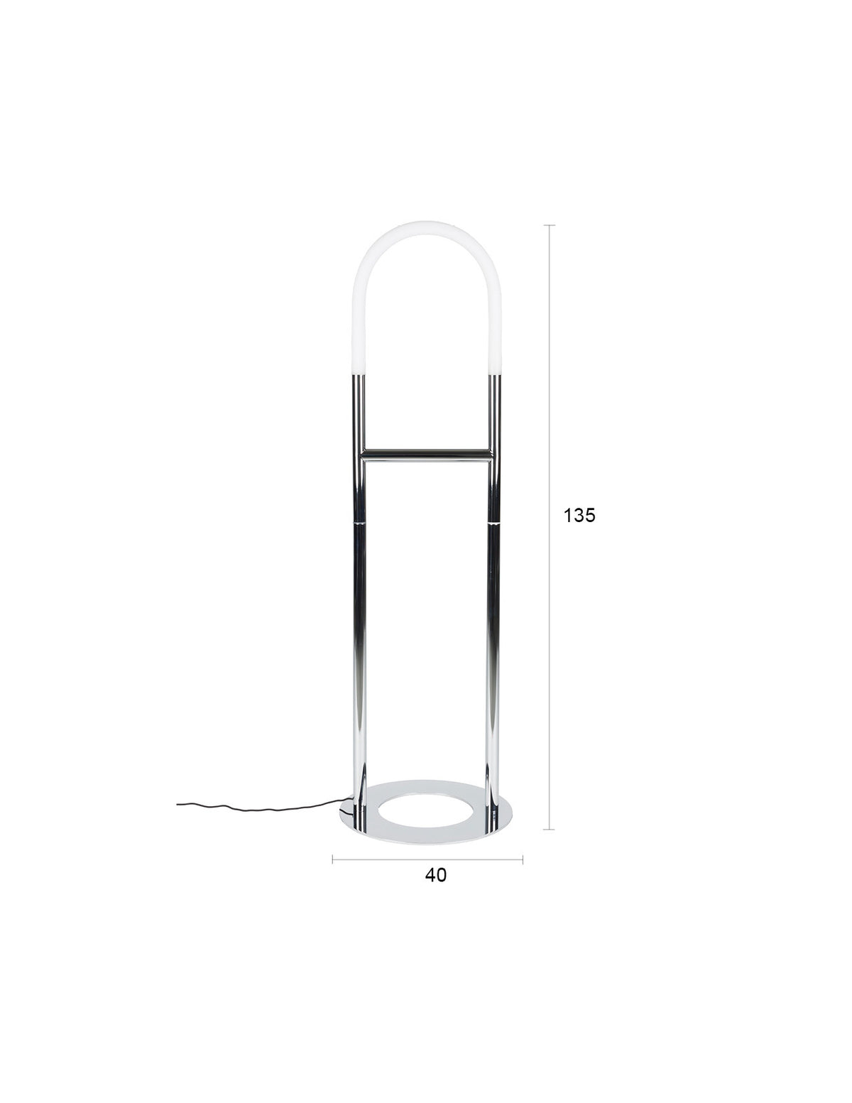 Silberfarbene Stehleuchte Arch mit Acrylbogen auf einem Metallfuss