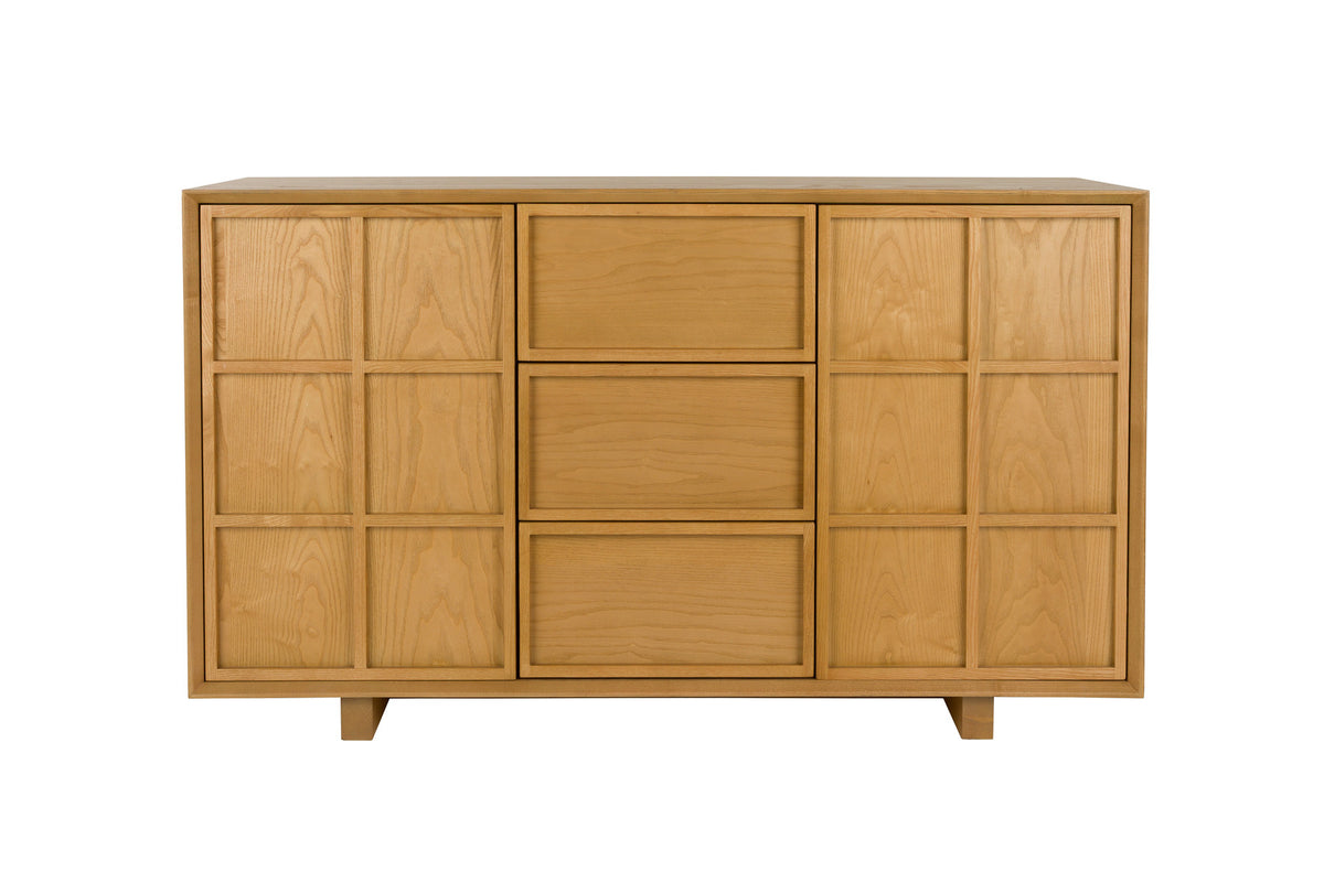 Sideboard Raster High in Natur aus Eschenholz, Schubladenfront mit Rautenmuster, gerade Füsse