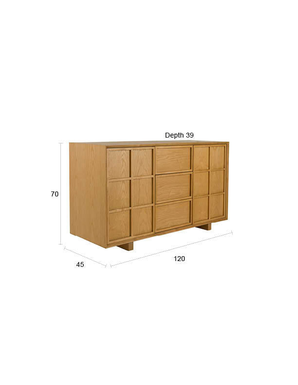Sideboard Raster High in Natur aus Eschenholz, Schubladenfront mit Rautenmuster, gerade Füsse
