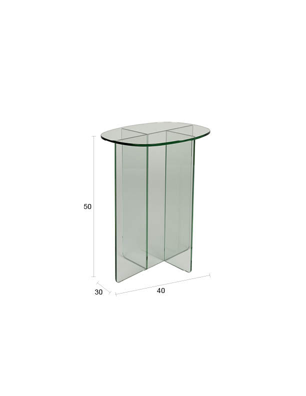 Glas-Beistelltisch Linea mit ovaler Platte und gekreuzten Paneelen