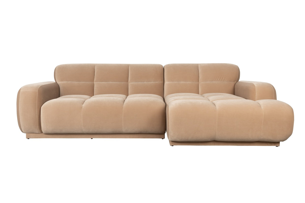 Beige gepolstertes Ecksofa rechts mit Chaise Longue, Modell Hazel von Zuiver, Sitzfläche aus weichem Polyesterstoff mit runden Formen.