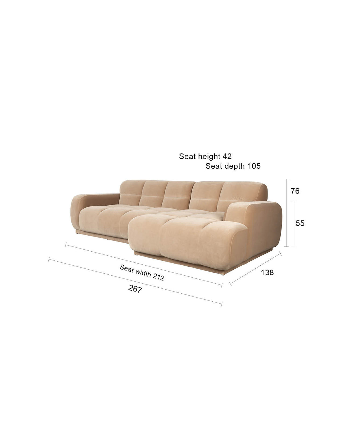 Beige gepolstertes Ecksofa rechts mit Chaise Longue, Modell Hazel von Zuiver, Sitzfläche aus weichem Polyesterstoff mit runden Formen.