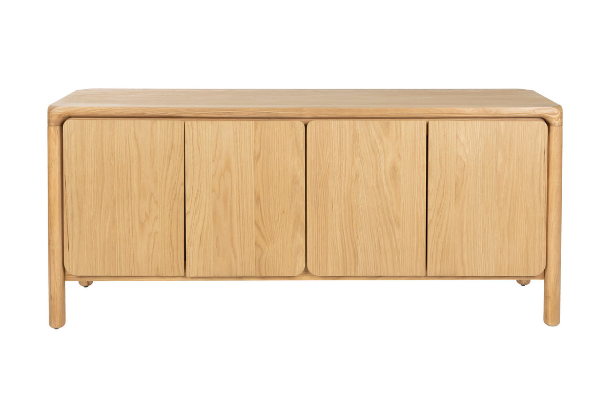 Sideboard Storm in Natur aus furniertem Eschenholz mit abgeschrägten Ecken auf runden Füssen