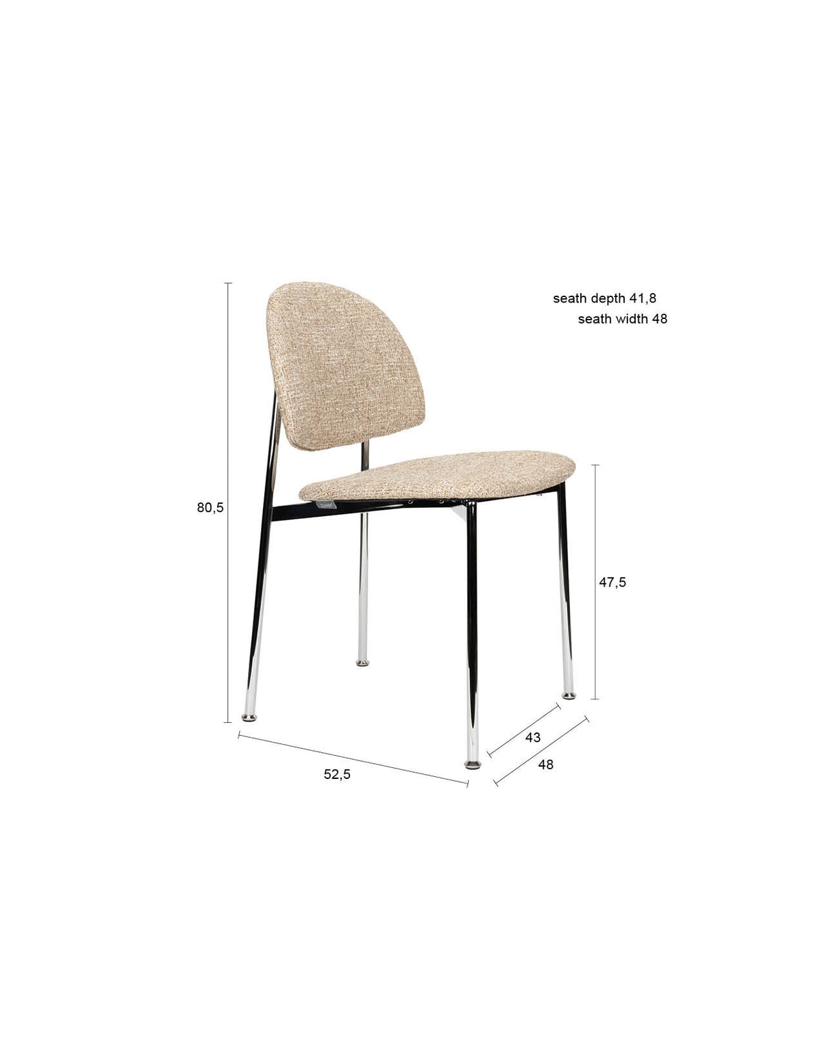 Stuhl mit rundem Rückenlehnendesign, beigem Polyesterbezug und silberfarbenem Gestell, freistehend fotografiert, Zuiver Sunrise Chair.