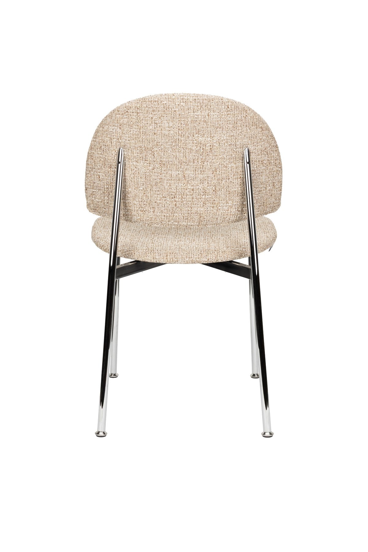 Stuhl mit rundem Rückenlehnendesign, beigem Polyesterbezug und silberfarbenem Gestell, freistehend fotografiert, Zuiver Sunrise Chair.