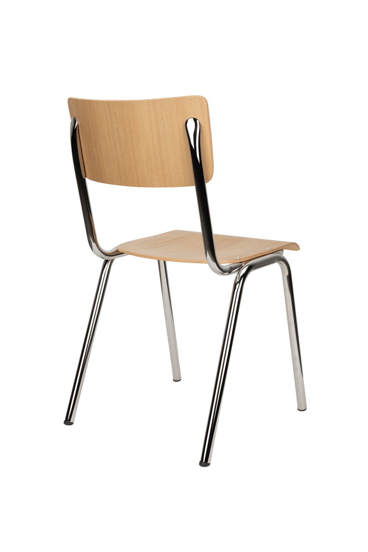 Stuhl aus Eichenholz und Buchenholz mit beigem Gestell, natürlicher Sitzfläche und sichtbarer Holzmaserung an den Stirnkanten.