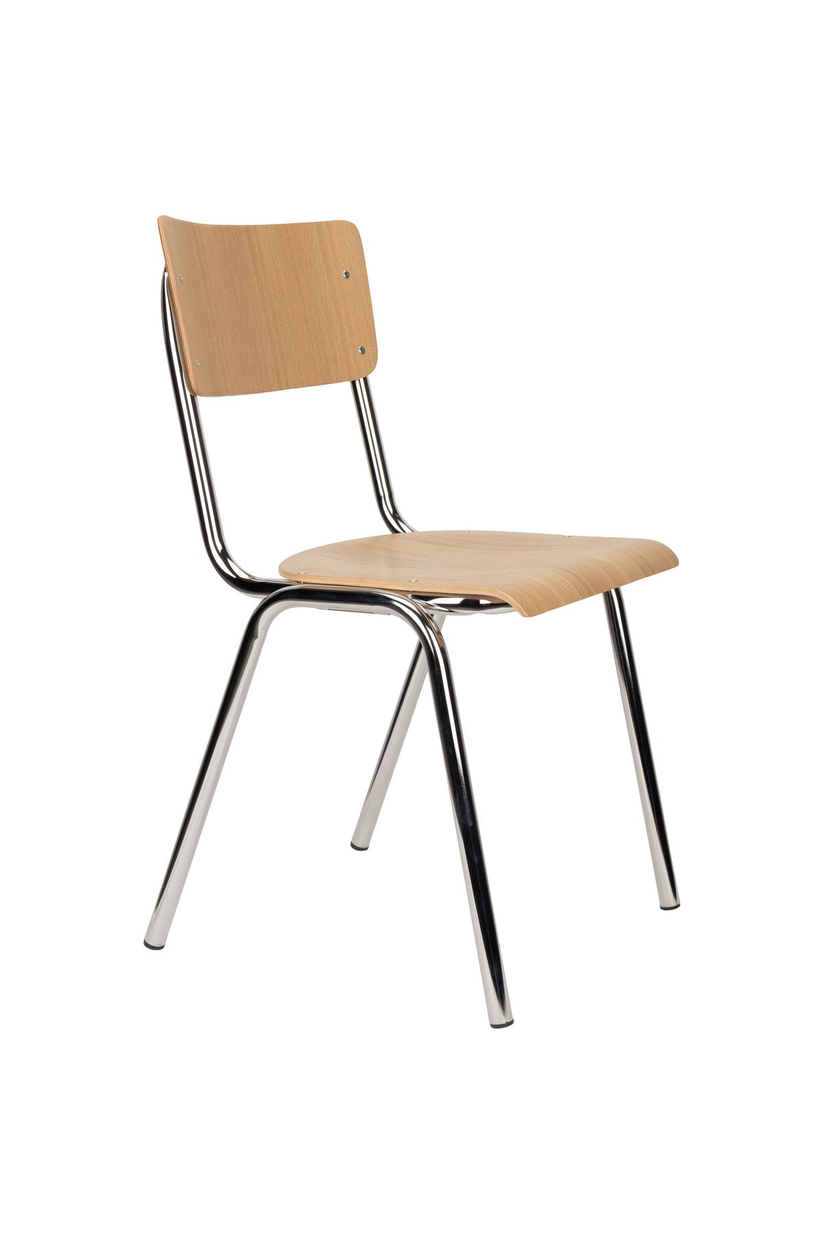 Stuhl aus Eichenholz und Buchenholz mit beigem Gestell, natürlicher Sitzfläche und sichtbarer Holzmaserung an den Stirnkanten.