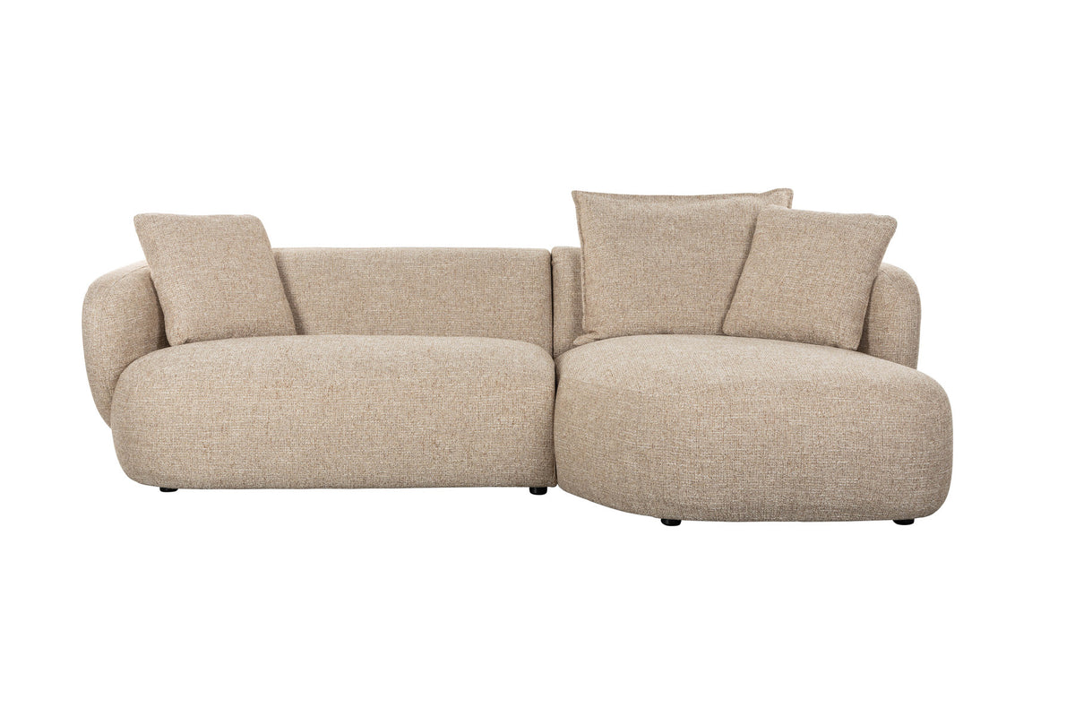 Hellbraunes L-Sofa Stones mit grob gewebtem Polyesterbezug, Zweisitzer und Chaiselongue rechts