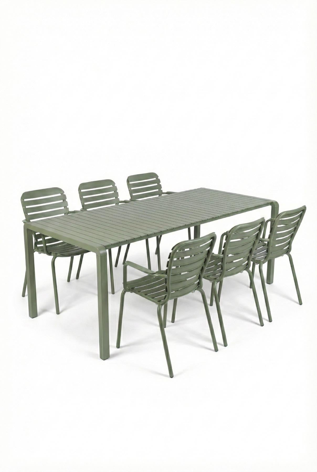 Gartentisch Vondel 214 + 6 Armlehnstühle Vondel Grün in Grün präsentiert im Onlineshop von KAQTU Design AG. Gartentischset ist von Zuiver