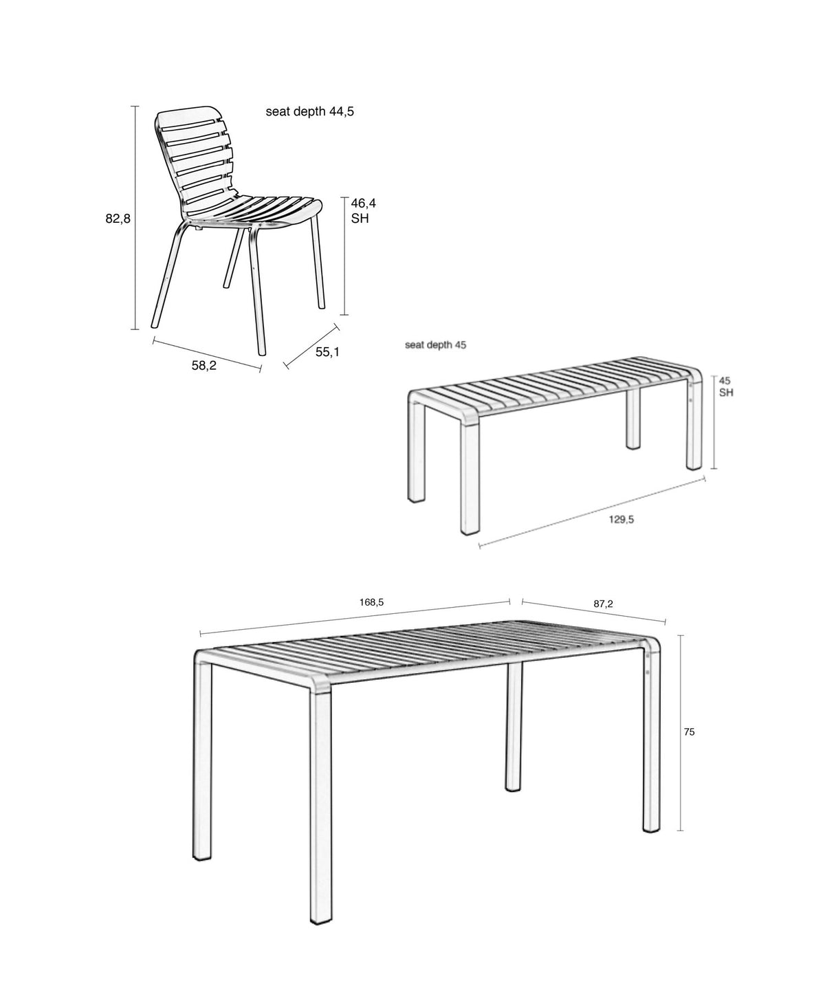 Rotes Gartentischset von Zuiver aus Aluminium: rechteckiger Tisch, zwei Stühle und eine Bank mit offenem, pulverbeschichtetem Gestell.