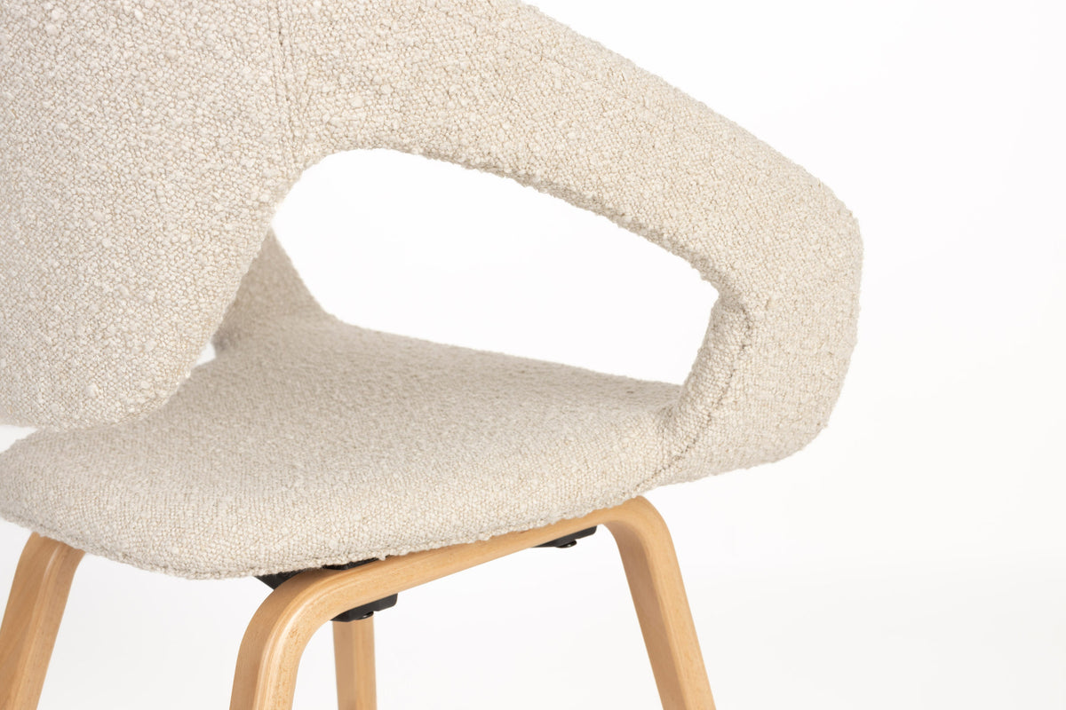 Beiger Stuhl mit Armlehne Flexback mit Bouclé-Sitzschale und braunem Buchenholzgestell