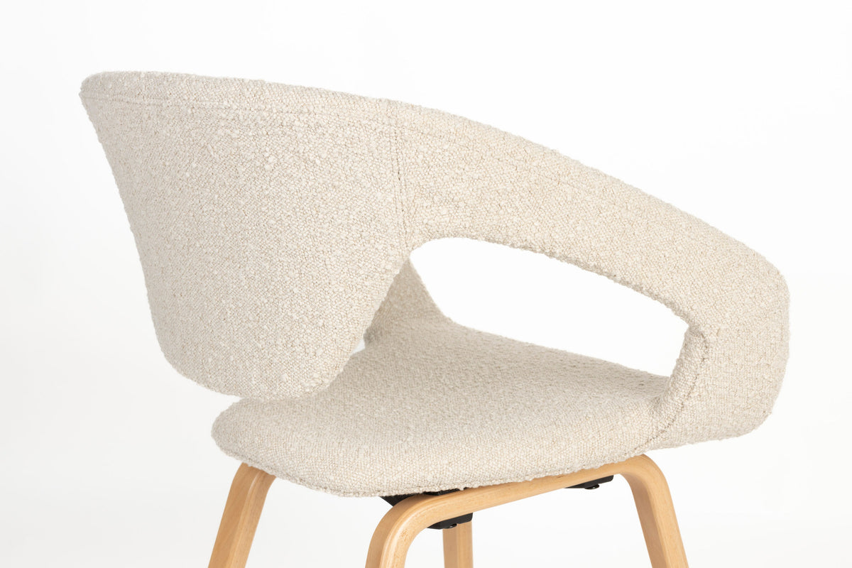 Beiger Stuhl mit Armlehne Flexback mit Bouclé-Sitzschale und braunem Buchenholzgestell
