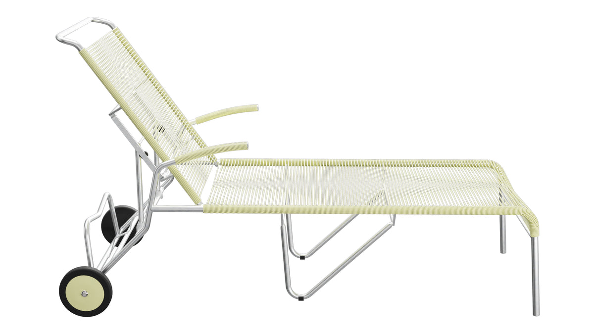 Säntis Spaghetti-Rollenliege in Buchsbaumgelb präsentiert im Onlineshop von KAQTU Design AG. Liegestuhl ist von Schaffner
