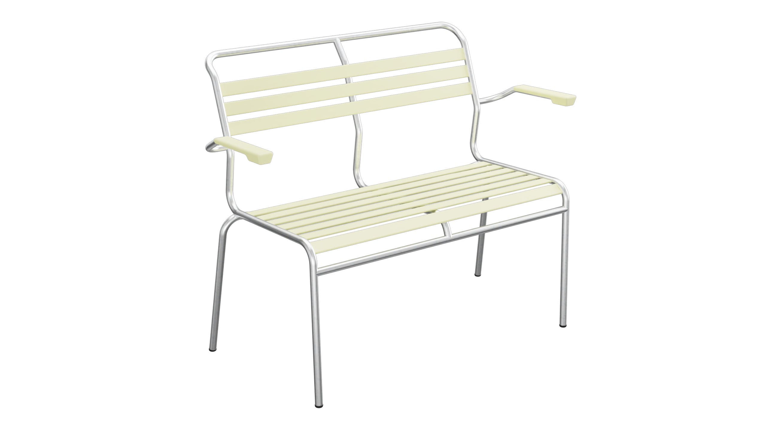 Säntis Lättli-2er Gartenbank mit Armlehne in Buchsbaumgelb präsentiert im Onlineshop von KAQTU Design AG. Gartenbank ist von Schaffner