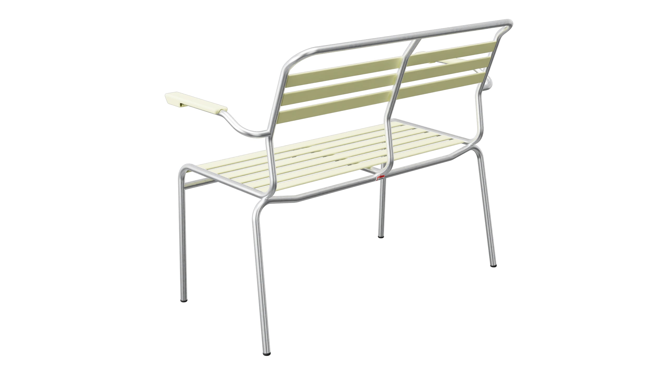 Säntis Lättli-2er Gartenbank mit Armlehne in Buchsbaumgelb präsentiert im Onlineshop von KAQTU Design AG. Gartenbank ist von Schaffner