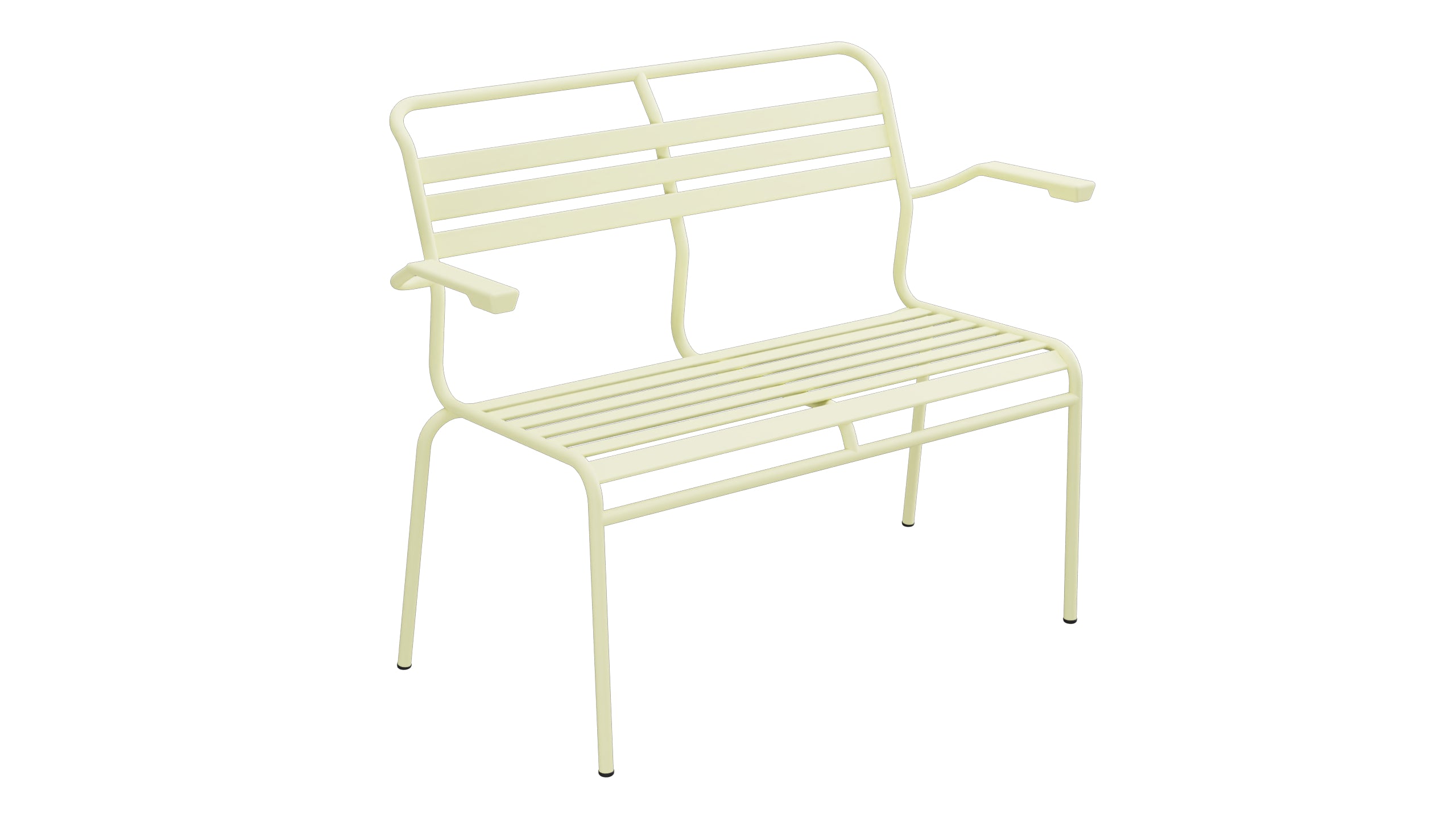 Säntis Lättli-2er Gartenbank mit Armlehne in Buchsbaumgelb präsentiert im Onlineshop von KAQTU Design AG. Gartenbank ist von Schaffner