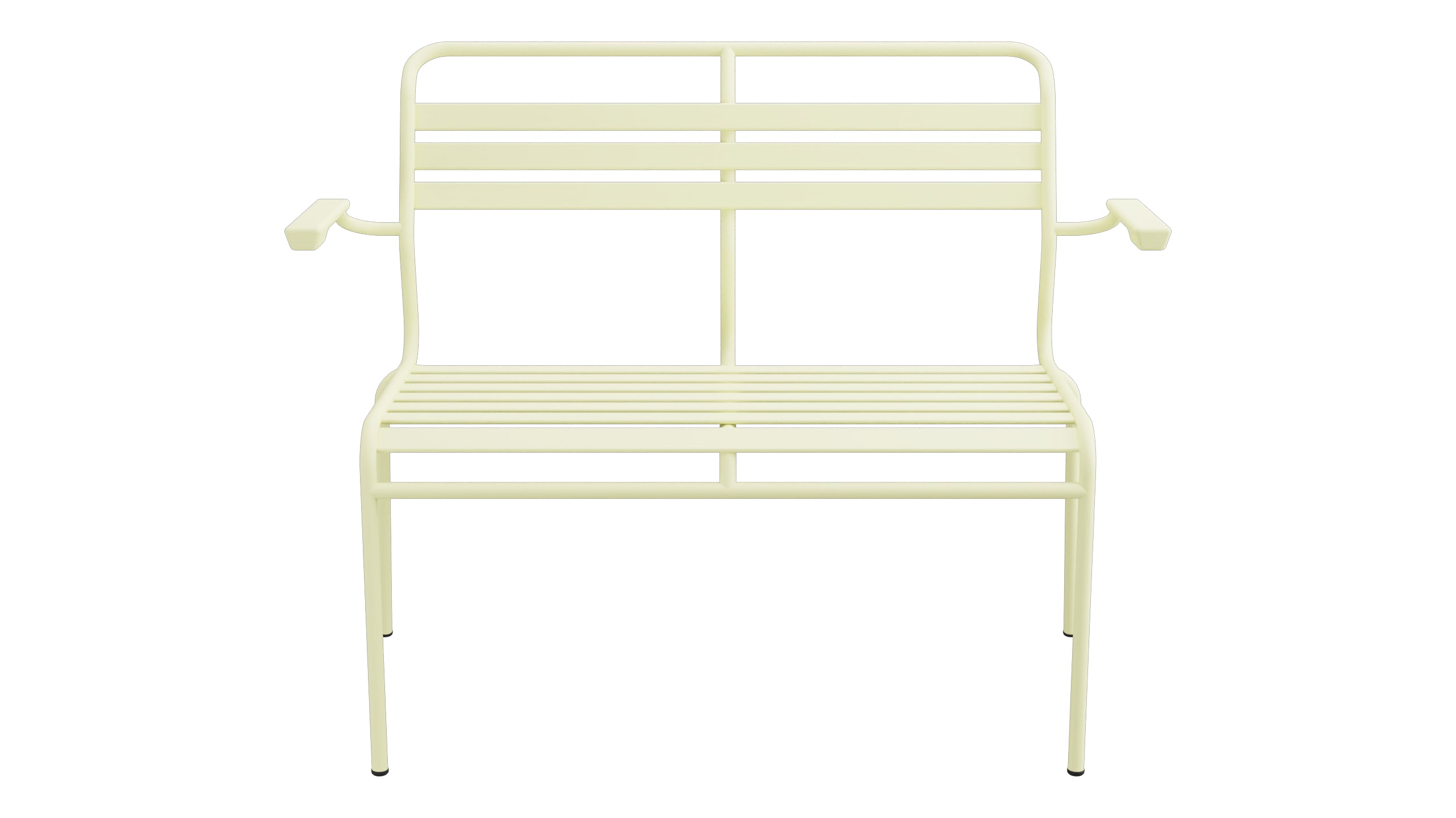 Säntis Lättli-2er Gartenbank mit Armlehne in Buchsbaumgelb präsentiert im Onlineshop von KAQTU Design AG. Gartenbank ist von Schaffner