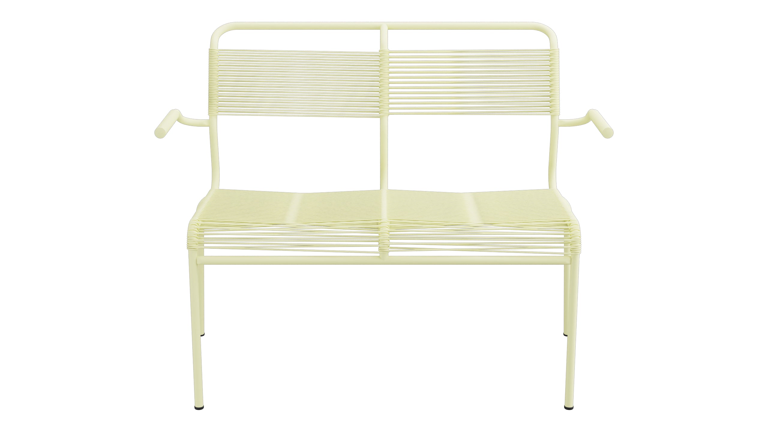 Säntis Spaghetti-2er Gartenbank mit Armlehne in Buchsbaumgelb präsentiert im Onlineshop von KAQTU Design AG. Gartenbank ist von Schaffner