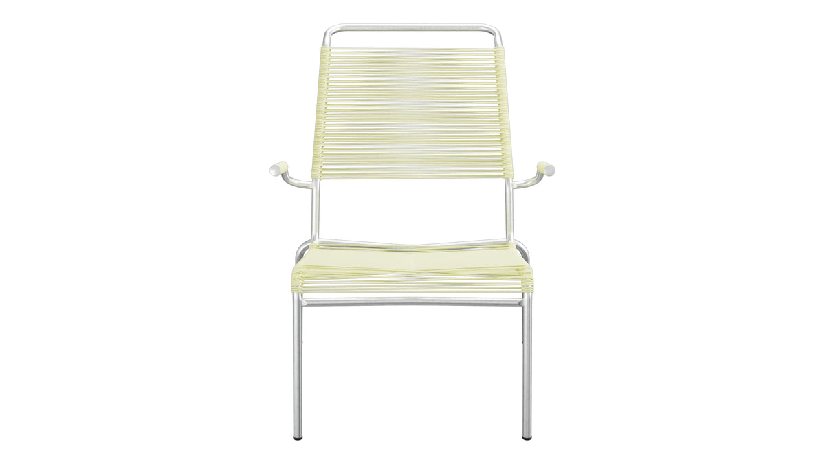 Säntis Lounger Spaghetti mit Armlehne Hochlehner in Buchsbaumgelb präsentiert im Onlineshop von KAQTU Design AG. Outdoor-Sessel mit Armlehnen ist von Schaffner