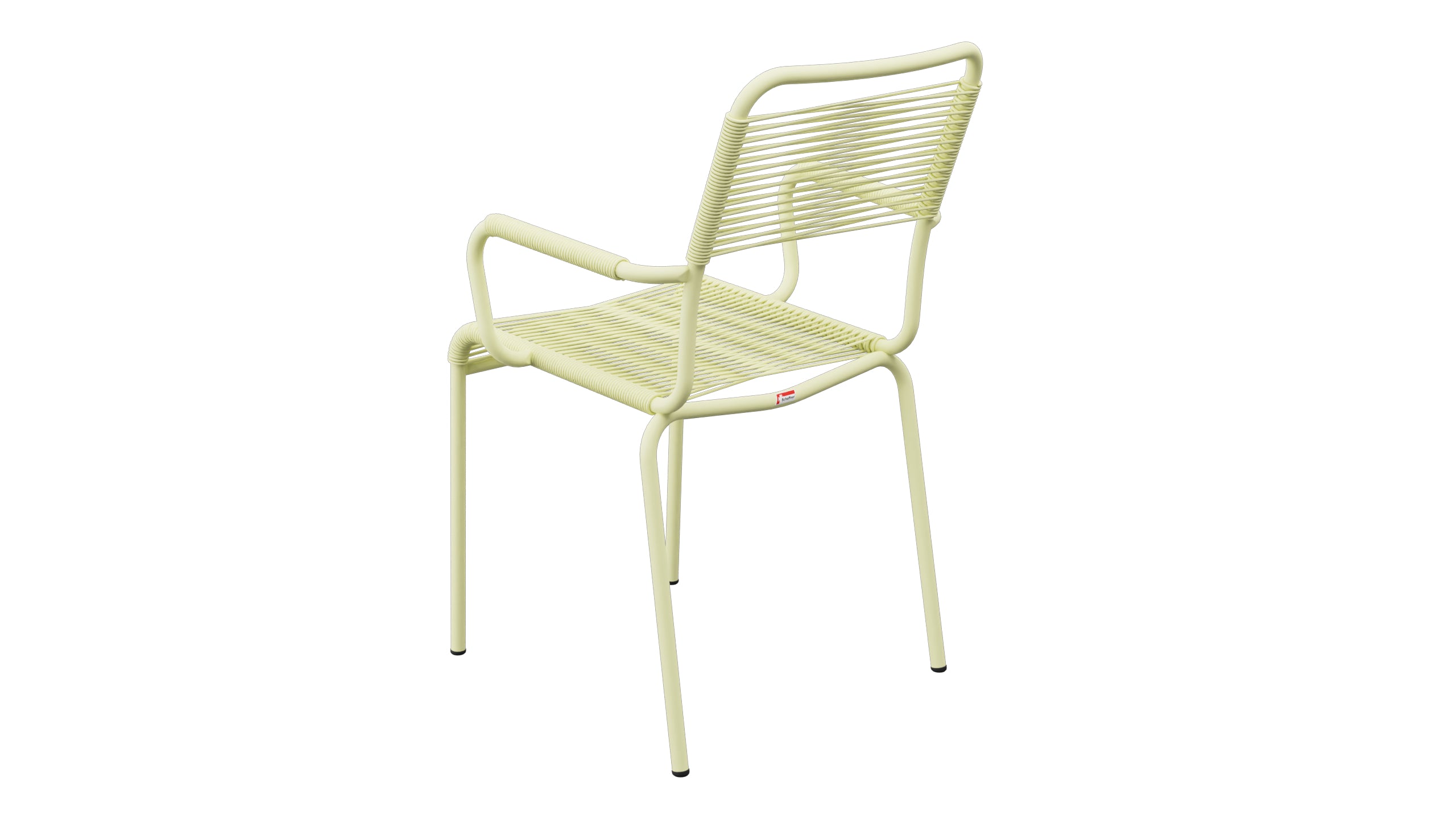 Rigi Spaghetti-Gartenstuhl mit Armlehne in Buchsbaumgelb präsentiert im Onlineshop von KAQTU Design AG. Gartenstuhl mit Armlehnen ist von Schaffner